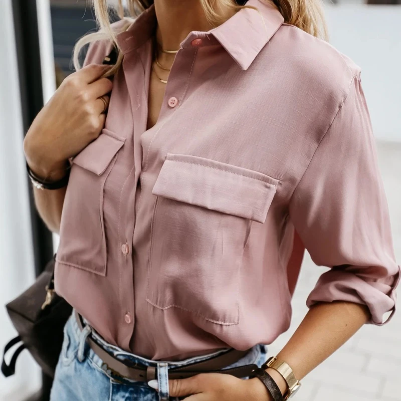

Casual Solid Button Women's Shirt Vintage Turn Down Collar Long Sleeve Pocket Blouse 2020 Autumn Fashion Elegant Streetwear Tops