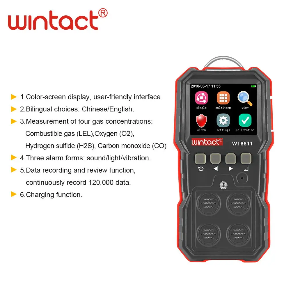 

WT8811 compound 4 in 1 gas monitor for combustible gas oxygen hydrogen sulfide carbon monoxide