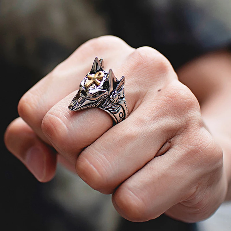 Титановая сталь Egipto Cruz Anubis Dios dedo anillos para hombres mujeres Punk Lobo cabeza nudillo anillo declation кольцо в