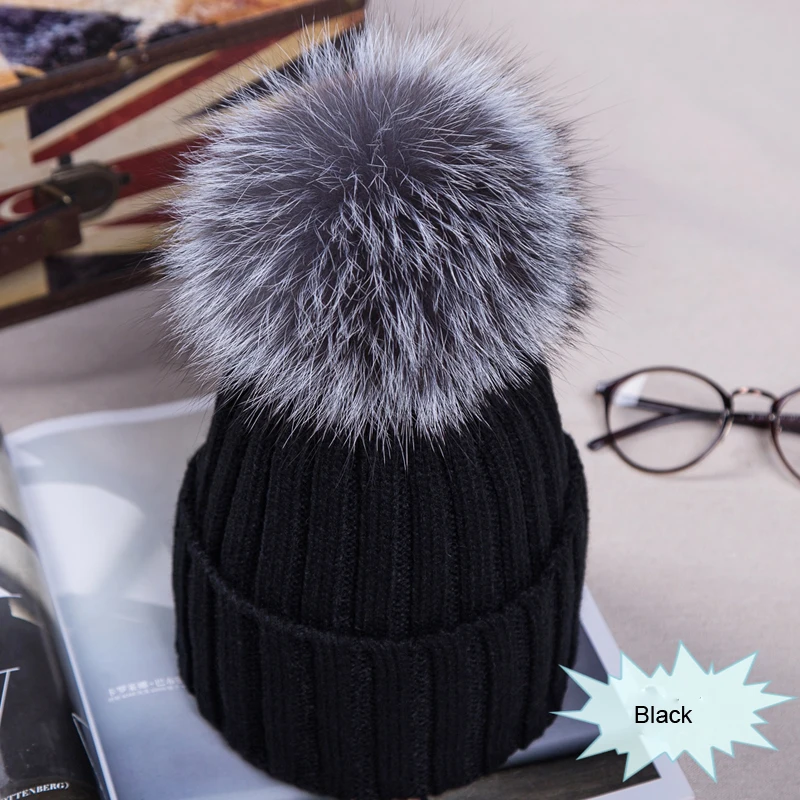Модный большой мяч женская шапка зимняя лиса 15 см меховая помпон вязаная круглая Лыжная шапка