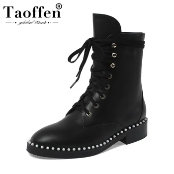 

Taoffen Women Fashion Real Leather Ankle Boots Cross Strap Black Winter Boots Round Toe Flats Casual Shoes Woman Size 33-40