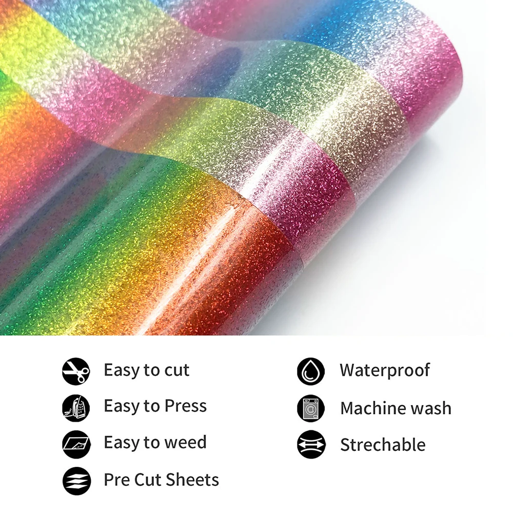 Glitter Rainbow Heat Transfer Vinyl Roll Heat Press Iron on Vinyl HTV Cut Film for T Shirts Craft Gifts for Man or Women DIY