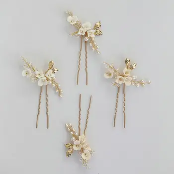

Romantic White Tiny Flowers Hairpin Gold Leaf Headpiece Pearl Bridal Hair Accessories