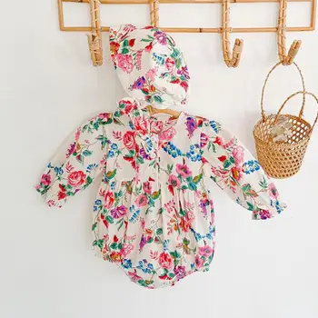 

2020 New Autumn Newborn Baby Girl Floral Long Sleeve Bodysuit Baby Girl Clothes Outfit Sweet Infant Girls Jumpsuit With Hat