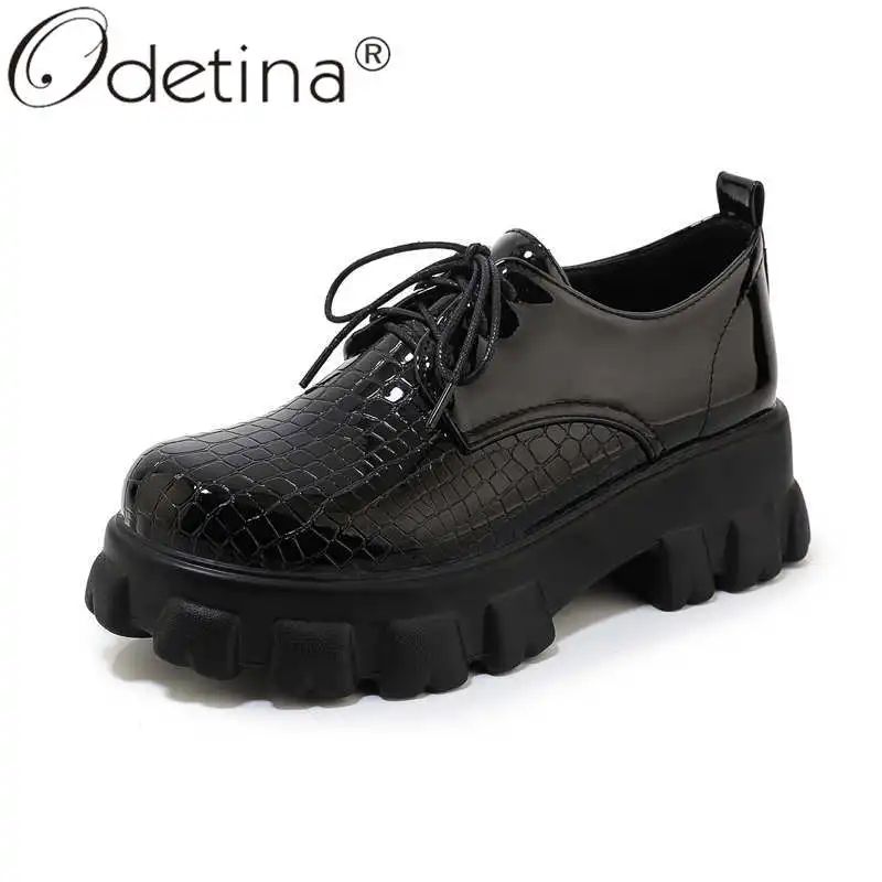 

Odetina Women New Round Toe Patent Leather Checkered Casual Shoes Lady Cross-tied Platform Block High Heel Lace Up Dress Shoes