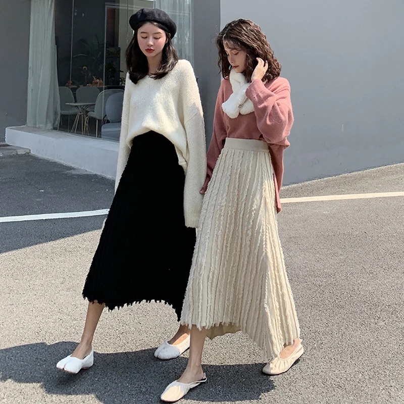 BGTEEVER Casual High Waist Striped Maxi Knitted Female Skirts Autumn Winter Elastic Waist A-line Thick Women Sweater Skirt