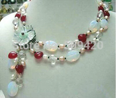 Бесплатная доставка&gt Красивая! 2 ряда Белый с жемчугом и лунным камнем красный