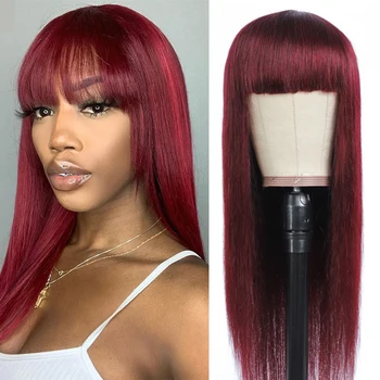 

99J Redwine Brazilian Straight Human Hair Wigs With Bangs Full Machine Made Long Wigs For Black Women Non-Remy Cheap Wig IJOY