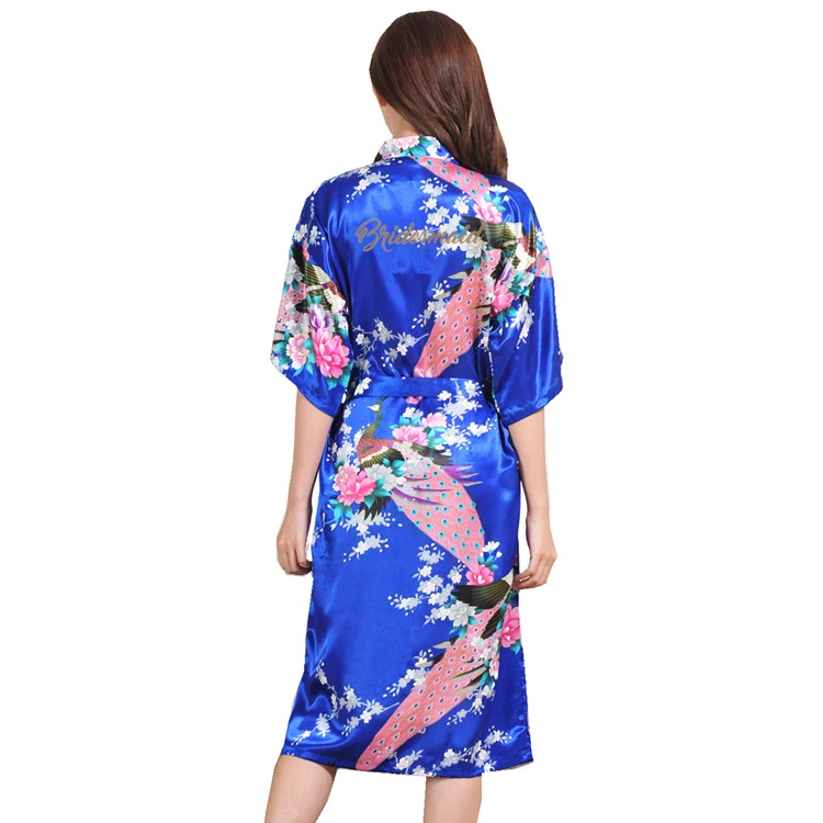 Summer Casual Mid-calf Women Bridesmaid Wedding Robe Exquisite Print Peacock Letter Nightgown Wedding Party Gift Satin Pajamas