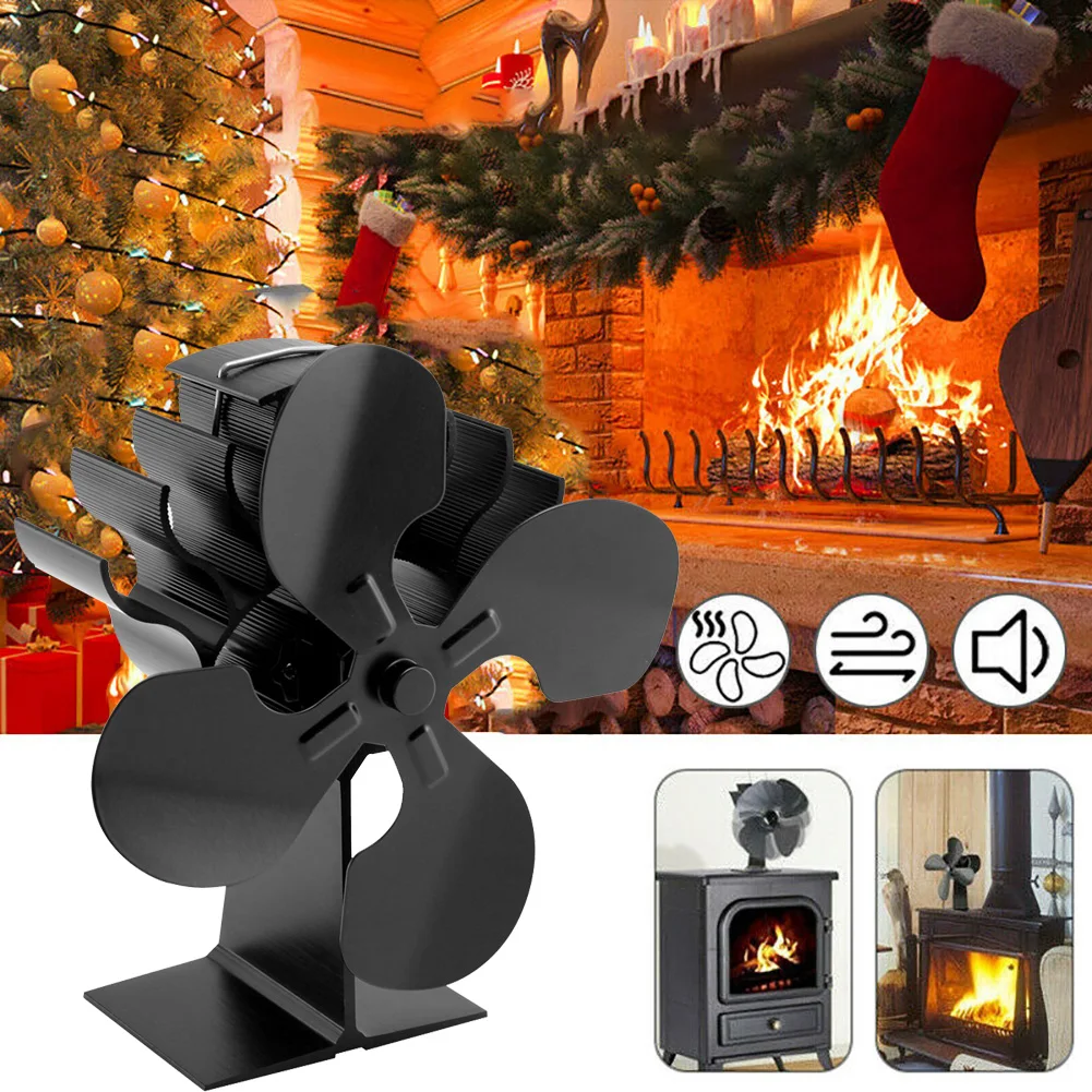 

4 Blades Heat Powered Stove Fan Log Wood Burner Quiet Black Home Fireplace Fan Efficient Heat Distribution