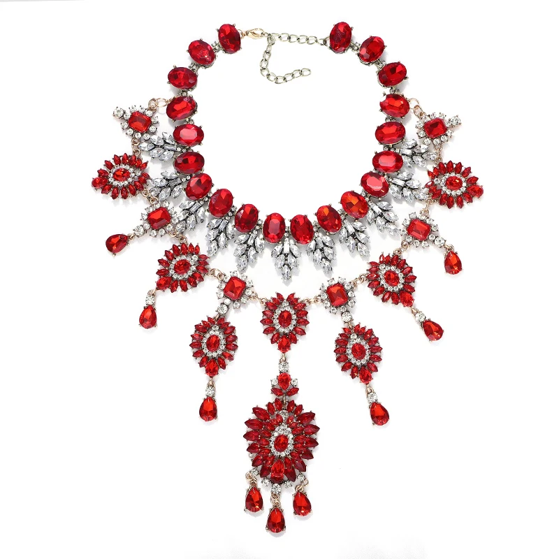 

Dvacaman Brand Red Crystal Rhinestone Statement Necklace for Women Wedding Bridal Handmade Flower Pendant Necklace Accessories
