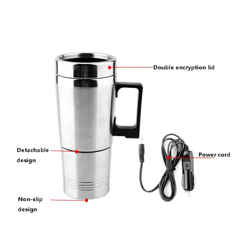 Hot Universal 450ml Electric In-car Stainless Steel Travel Heating Cup Coffee Tea Car Cup Mug for most car cup holders 12/24V