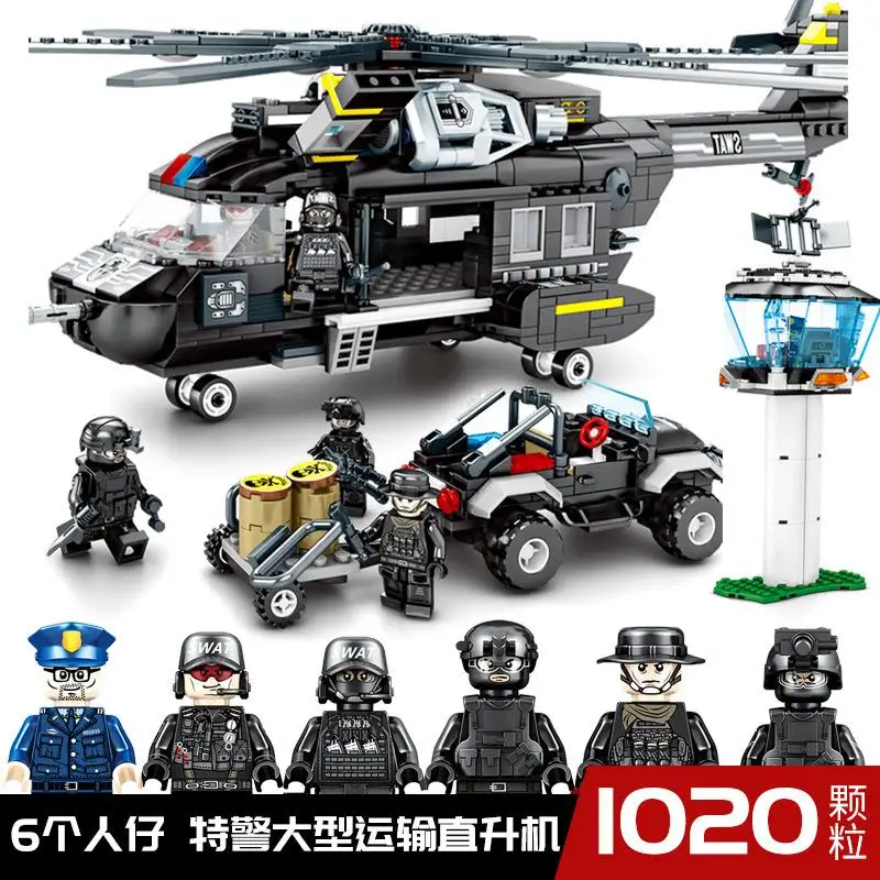 

Building blocks special police large transport helicopter black hawks special team small particles assembled children's toys