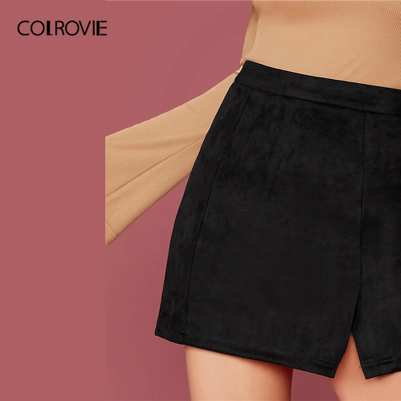 COLROVIE черная замшевая юбка на молнии сзади с разрезом на подоле, Женская Повседневная прямая мини-юбка, весна, элегантные женские юбки с высокой талией