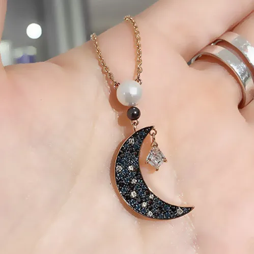 Новое серебро Swa 1:1 Луна Длинное Ожерелье жемчужная подвеска цепочка на ключице женский подарок