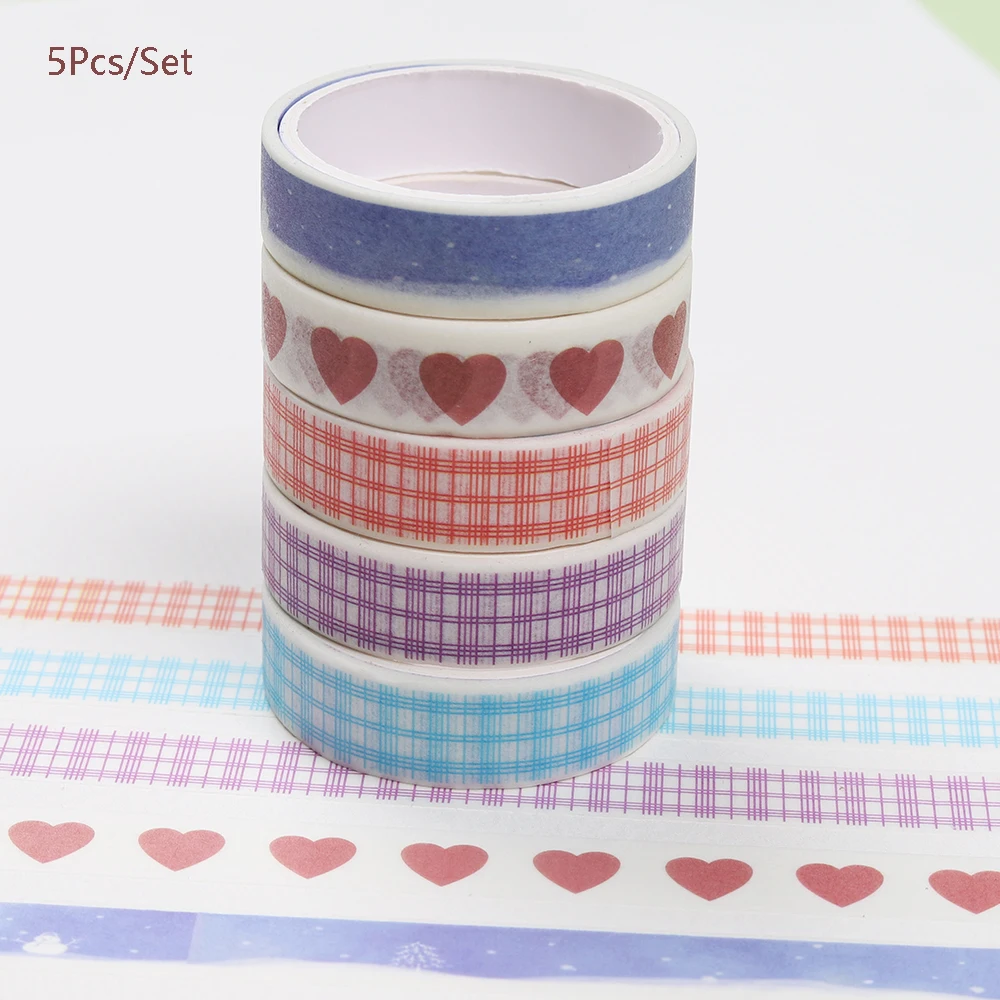 

5Pcs/Set Kawaii Basic Grid Heart Decoration Adhesive Tape Masking Washi Tape DIY Diary Scrapbooking Stationery Label Sticker