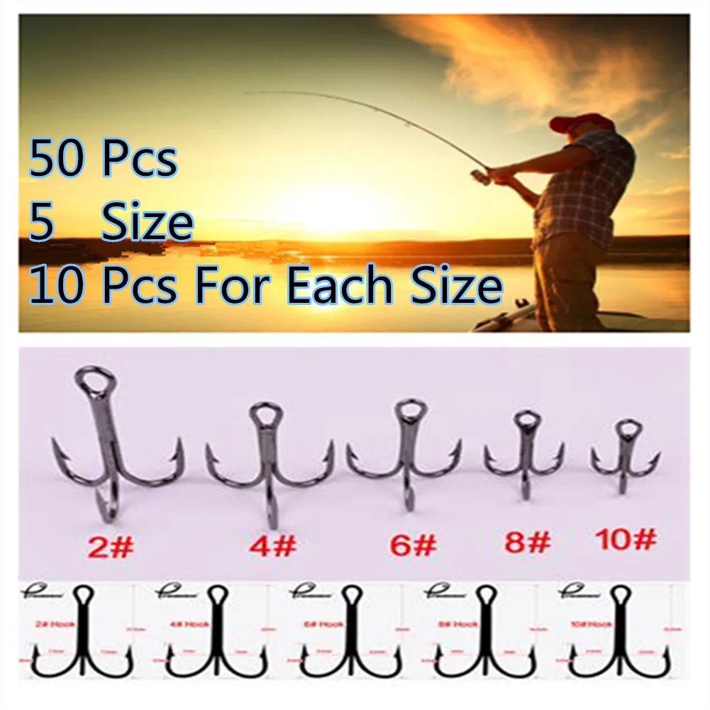 50pcs/Box Fishing Hook Antirust Treble Hooks Tackle Carbon Steel Lure