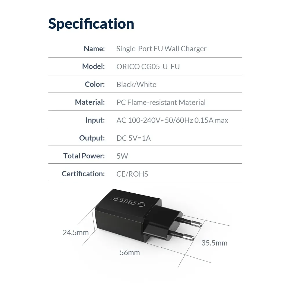 ORICO 5V1A 5V2A USB дорожное зарядное устройство, зарядное устройство для мобильного телефона, настенный адаптер с европейской вилкой для iPhone, samsung, Xiaomi, huawei