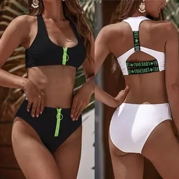 

Women Bikini Set Two Piece Swimsuit Bandage Push-Up Zip Bra Beachwear Summer Swimwear Bathing Suit