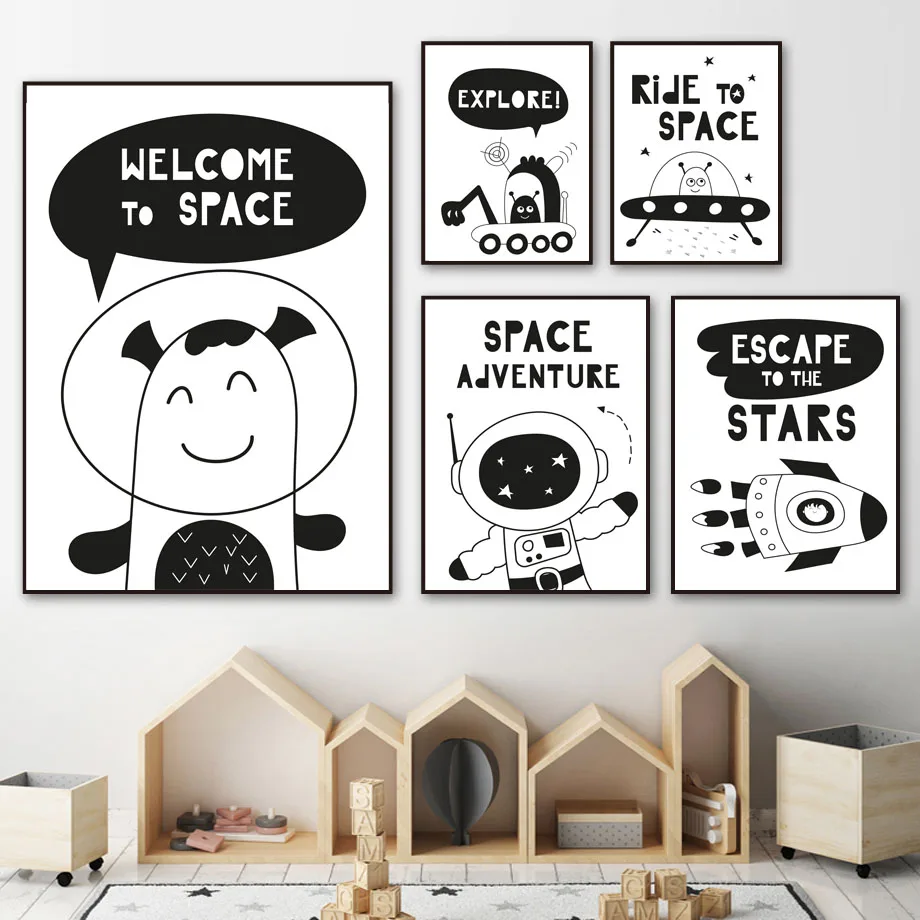 Black-White-Cartoon-Space-Ship-Rocket-Star-Nordic-Posters-And-Prints-Wall-Art-Canvas-Painting-Wall (1)