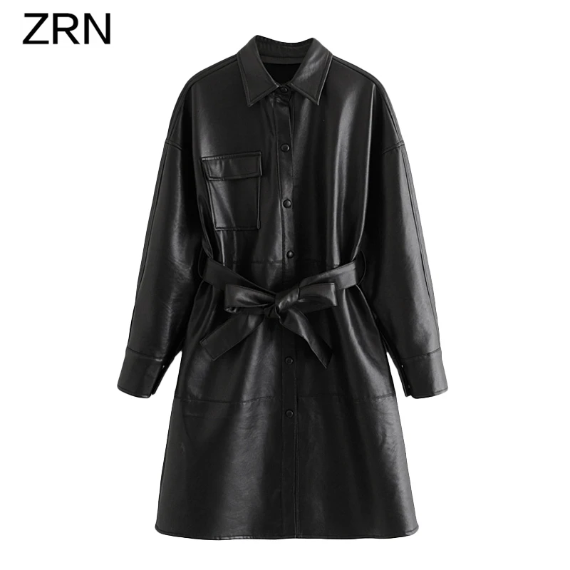 ZRN 2020 Новая женская модная винтажная длинная куртка из искусственной кожи