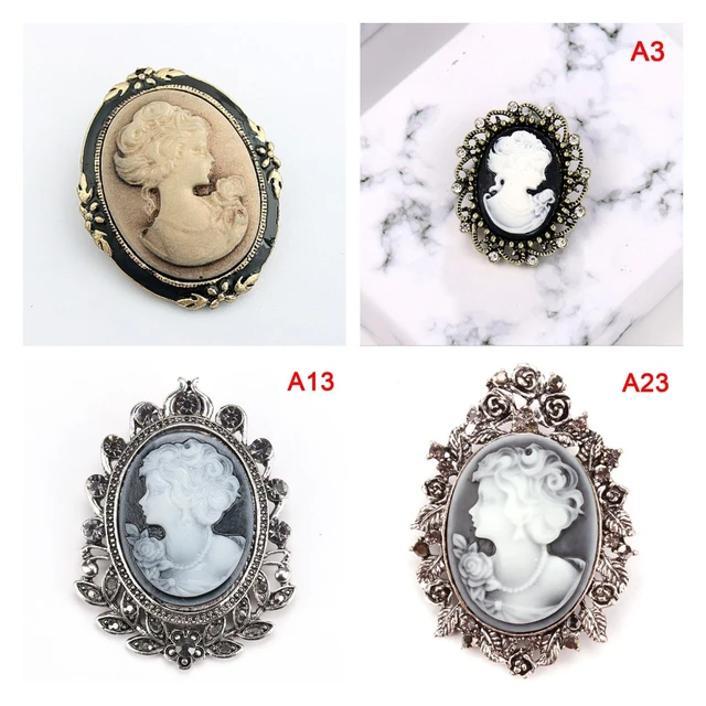 19 Designs, Crystal Rhinestones Cameo Vintage Brooch Pins, Antique Gold /  Silver Colors