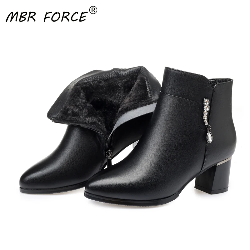 MBR FORCE/модные женские ботинки Женские кожаные Черные на среднем каблуке Толстые
