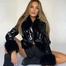 

2021 Autumn And Winter New Women PU Jacket Fashion Long Sleeve Wool Collar Single Breasted Slim Fit Warm Leather Coat