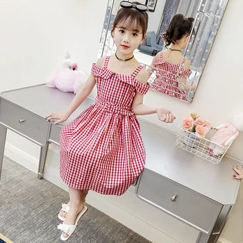 

4Y-14Y Teen Children Girls Dress Kids Off Shoulder Strap Plaid Print Belt Short Sleeve Dresses 2020 Pastoralism Casual Clothes