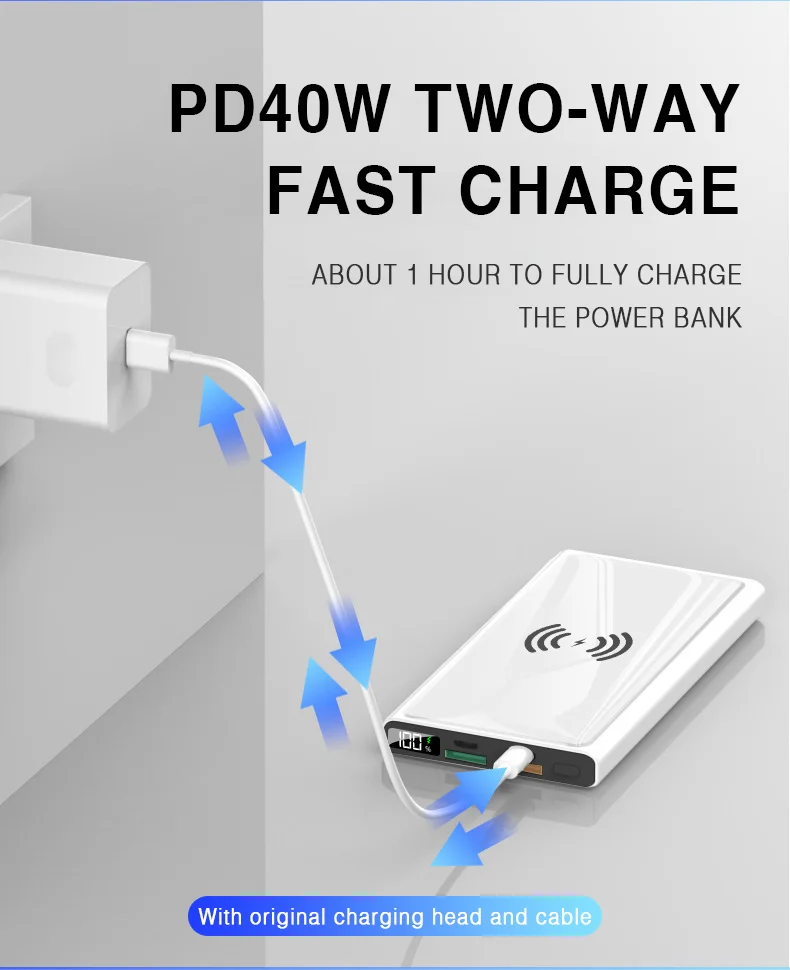 best portable charger 40w Super Fast Charging Large Capacity 20000 mAh 15W Wireless Charging Two-way Fast Charging Digital Display External Battery pocket power bank