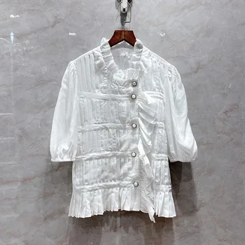 

Luxury Brand Chic Tencel Women Blouses Shirt Fashion Pleated Hem Ruffles Diagonal Breasted Lantern Sleeve Blouse 2020 Summer New