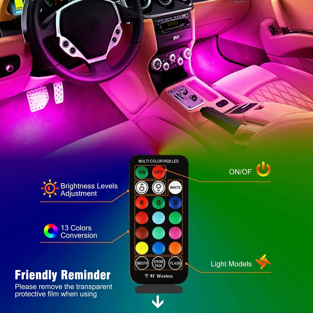 Wireless RGB LED Car Interior Floor Decorative Atmosphere Lamp Ambient Light Accessories USB Charging Portable Remote Control