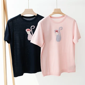 

100% Wool Brand Fashion Women High-end Luxury Summer Golden Monkey Embroidery Loose Knitted Short-sleeved T-shirt Top