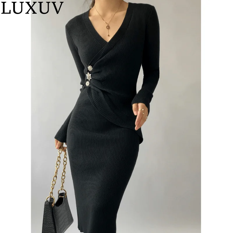 

LUXUV Women's Dress Classic Design Fashion Knitted Clothing Slim Office Lady Harajuku Sukienka Long Sleeve Aesthetic Robe