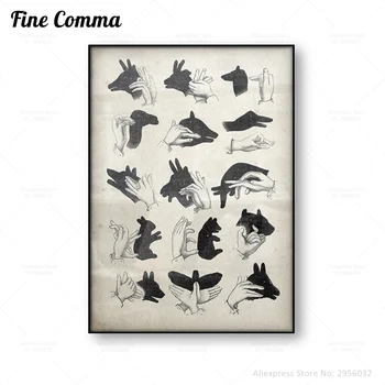 

Vintage Poster Hand Shadow Puppets Wall Art Canvas Print Antique Magical Art Animal Canvas Painting Home Decoration Picture