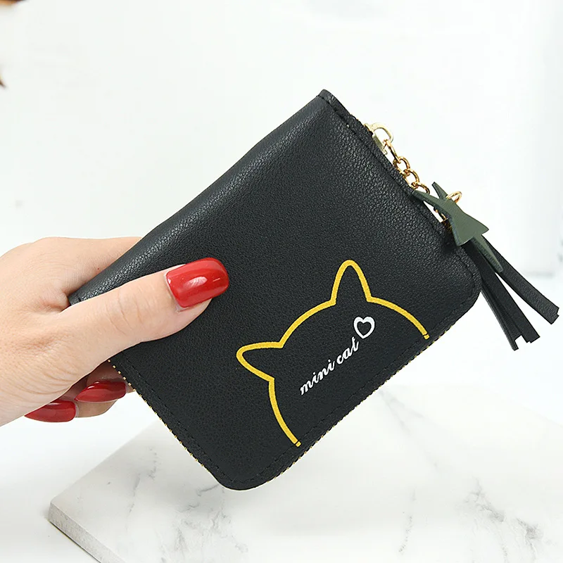 

Simple tassel mini purse for money cute cat short clutch purse leather square Changing bag zipper trendy women small wallets