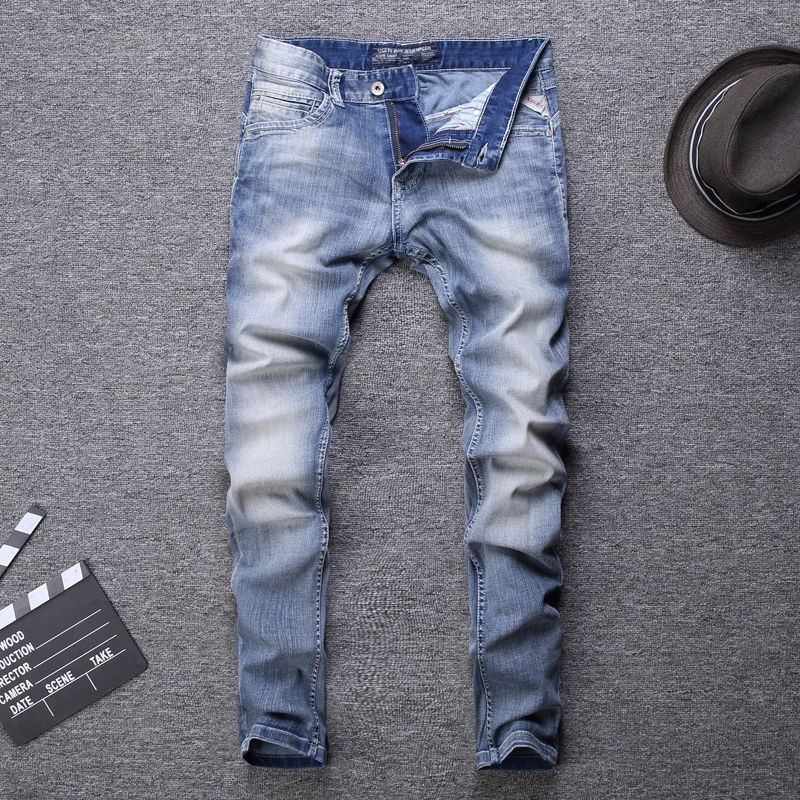 

Italian Style Fashion Men Jeans Light Blue White Washed Slim Fit Classical Jeans Men Newly Designer Summer Vintage Jeans Pants