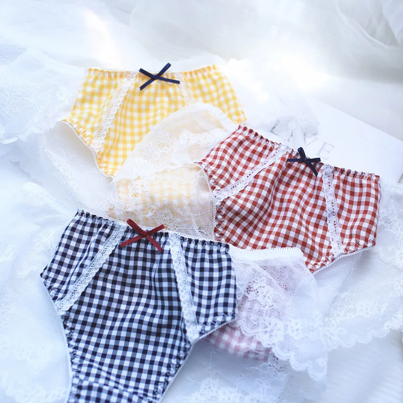 

Sexy Lace Panties pretty women Plaid underwear hollow out japanese lingerie transparent briefs plus size