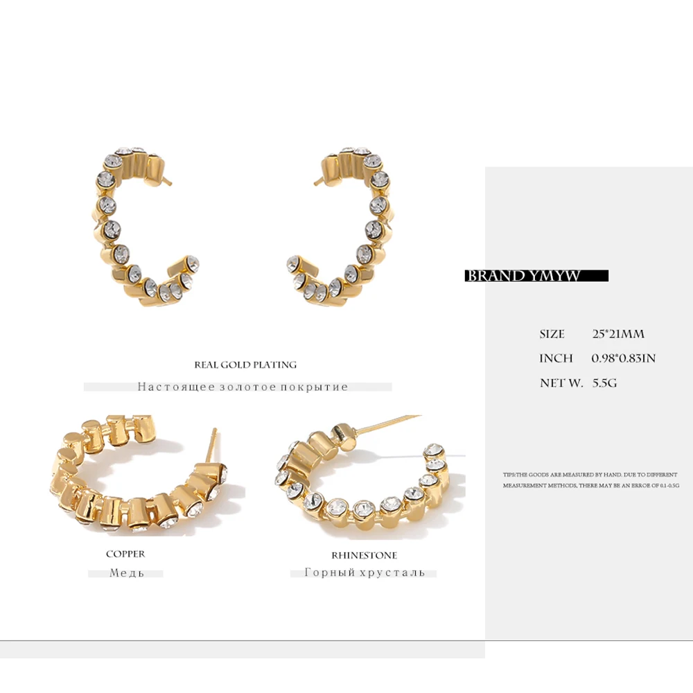YMYW Statement Rhinestone Stud Earrings Gift Temperament Brand Vintage Fashion C-Design Earrings for Women Brincos Jewelry
