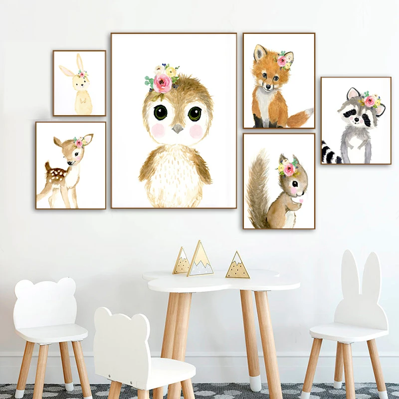 Watercolor Woodland Animal Canvas Poster Baby Flower Crown Deer Squirrel Print Painting Nursery Room Picture Kid Bedroom Decor|Painting & Calligraphy| - Aliexpress