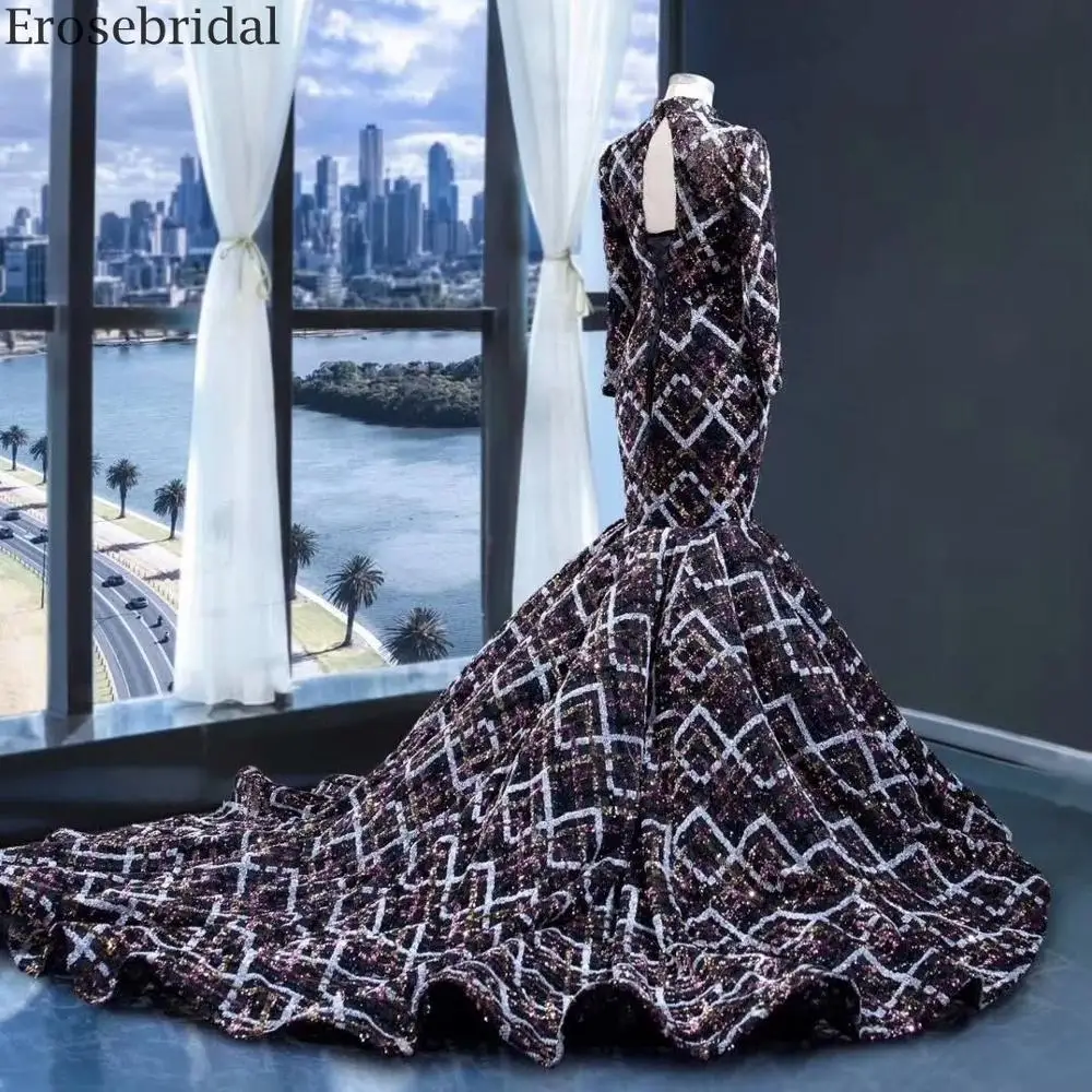 Erosebridal от кутюр Русалка вечернее платье с длинным шлейфом длинный рукав формальное платье для женщин высокая шея красочные ткани