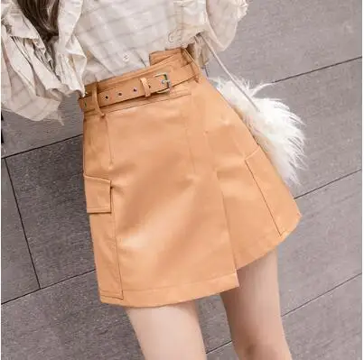 orange REALEFT осень-зима OL Элегантные мини короткие юбки с высокой талией зеленый PU кожаный Облегающее фигуру платье трапециевидные юбки с карманом пояс - Цвет: orange