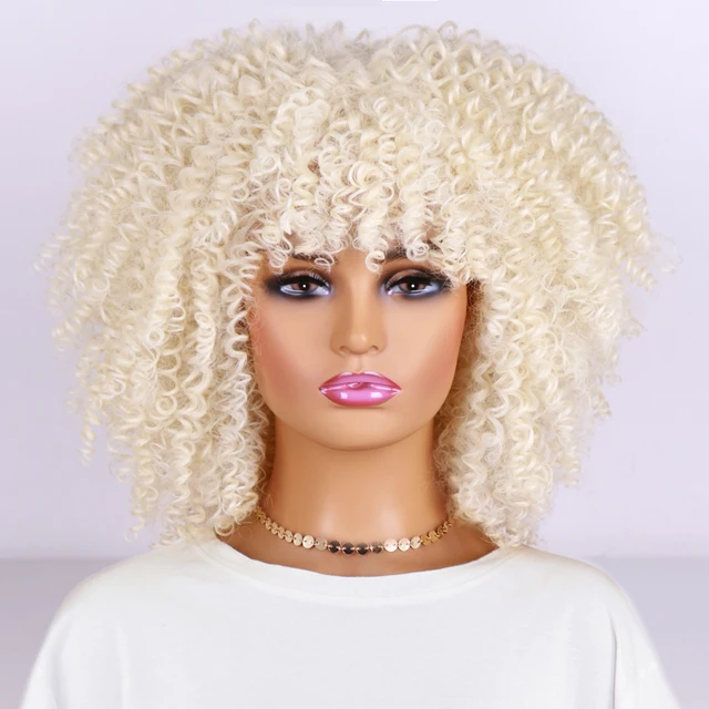 LINGHANG Short Hair Afro Kinky Curly Wigs With Bangs For Black Women African Synthetic Omber Glueless Cosplay Wigs Gradient Hair T4/27/30