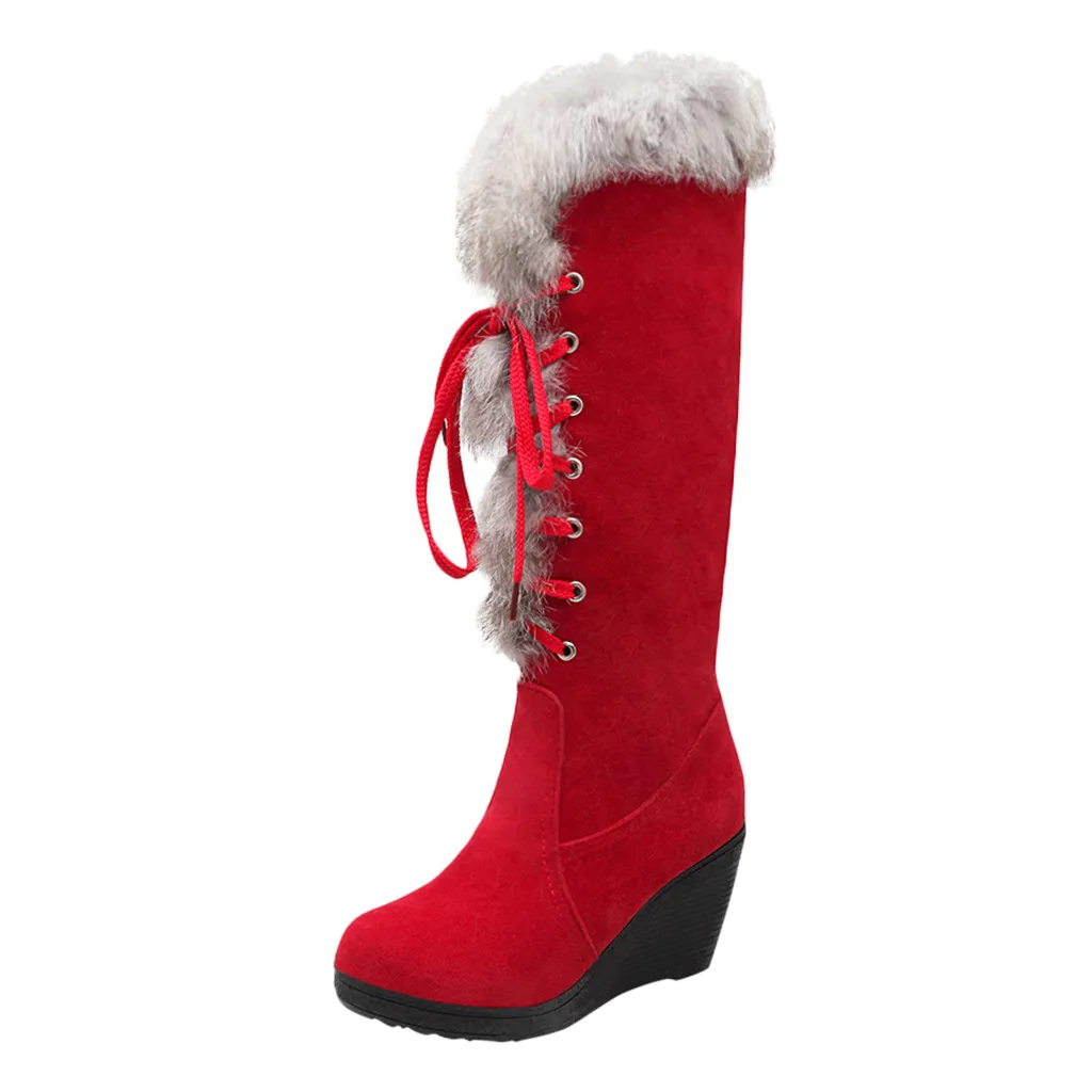 Красные рождественские сапоги выше колена; Меховая стелька; женские модные однотонные Теплые Высокие Сапоги выше колена из флока на молнии; повседневная обувь