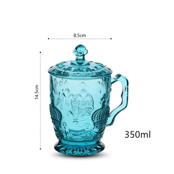 

Glass crystal mug with lid European retro embossed flower color thickened 350ml office drink milk tea drink juice cup