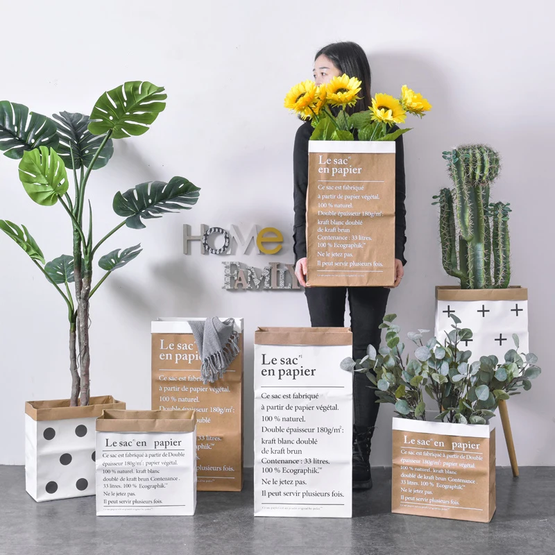 

Nordic Kraft Paper Flower Arrangement Decorative Ornaments Creative Simple Dry Flower Home Storage Bag Small Flower Basket Decor