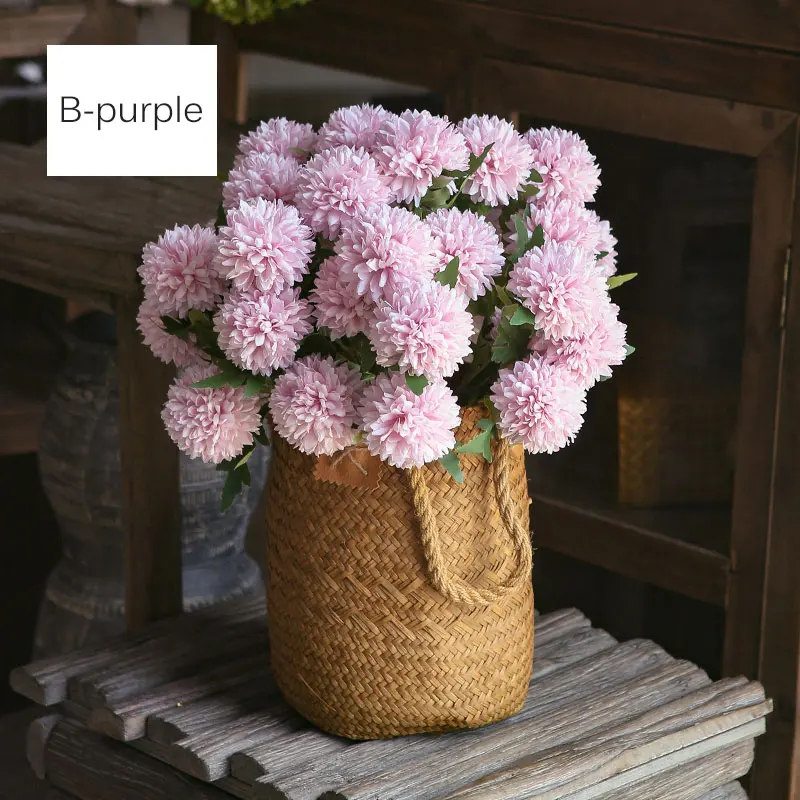 Original simulation flower design double head chrysanthemum seaweed basket flower arrangement set home soft outfit shop window decoration - Color: B-purple