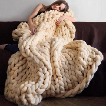 

Fashion Hand Knitting Chunky Merino Wool Blanket Thick Big Yarn Roving Knitted Yarns Blanket Warm Throw Sofa Cover Blankets