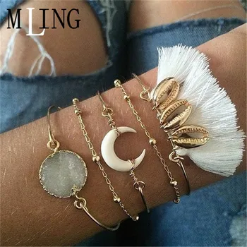 

MLING 5 Pcs/Set Vintage Multi-layer Gold Alloy Bracelet Bohemian Natural Stone Moon Tassel Bracelet For Women