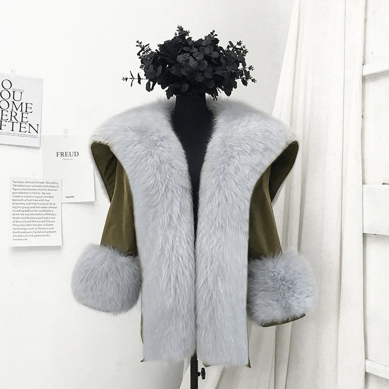 green with grey fur Rf1941B Роскошный натуральный мех пальто женская пуховая подкладка высокий уличный супер большой меховой воротник натуральный мех парка Съемная зимняя куртка - Цвет: green with grey fur